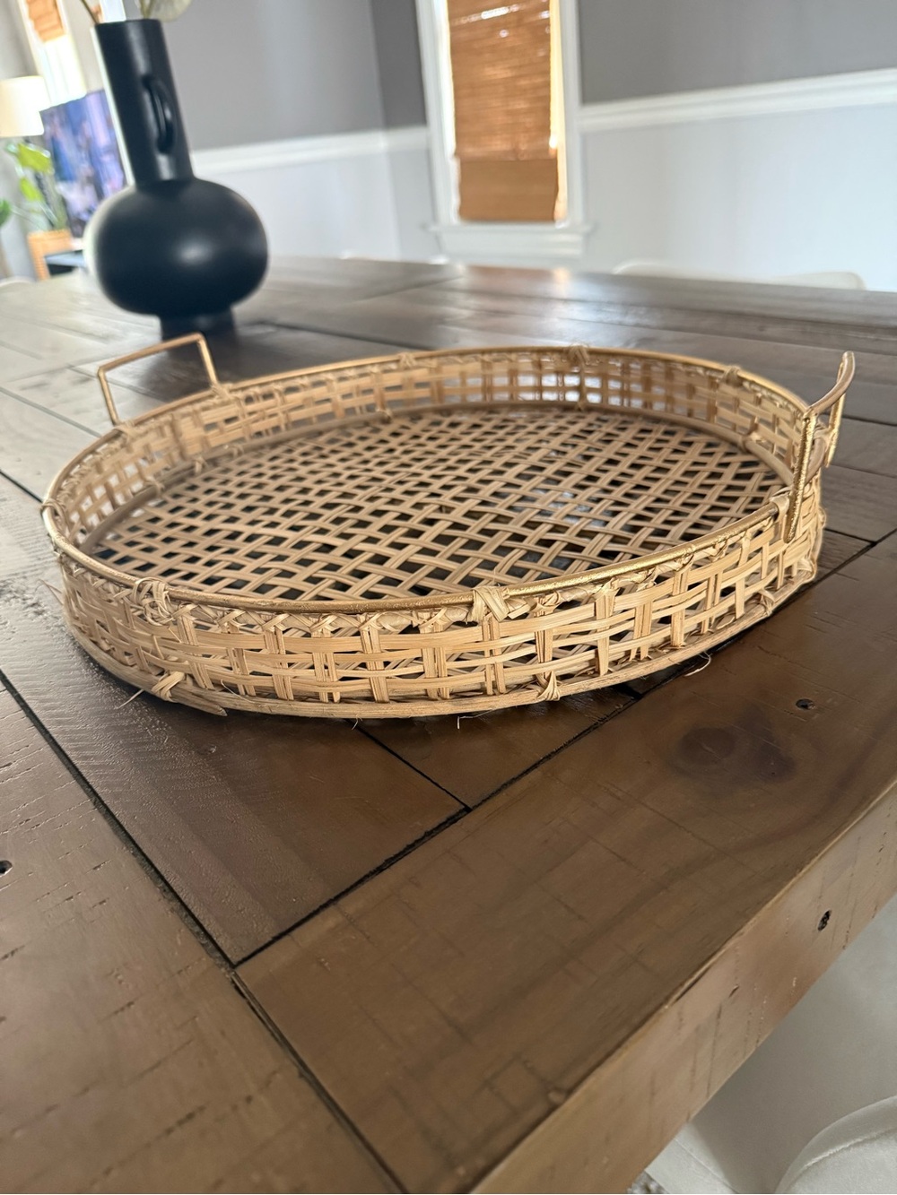 Round Woven Rattan Tray with Handles - Natural